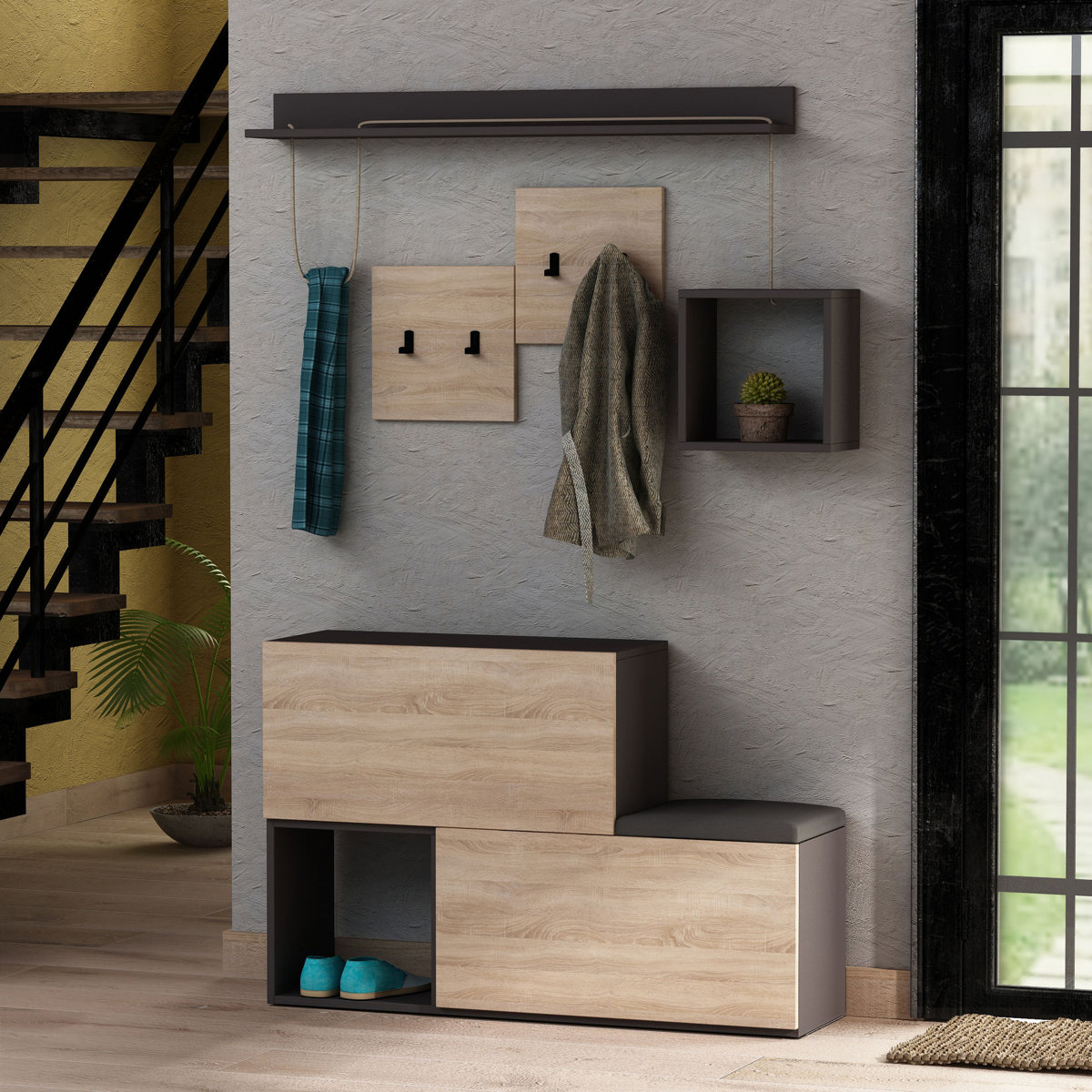Domek+Unique+Hall+Tree+With+Bench+And+Shoe+Storage ست ورودی منزل مدل دارن - تصویر 1