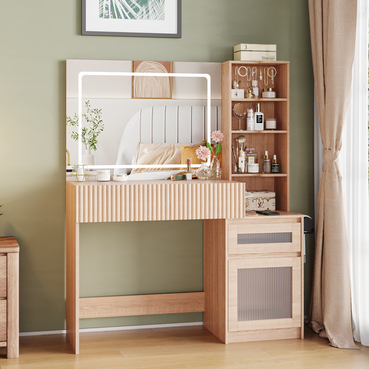 Large+43.3”W+Makeup+Vanity+With+Adjustable+Light میز آرایش مدل لوتوس - تصویر 1