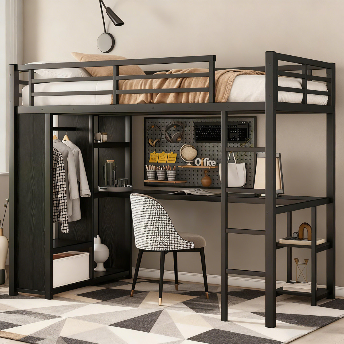 Metal+Loft+Bed+Frame+With+Built_in+Wardrobe,desk+And+Storage+Shelves تخت نوجوان مدل لوفتی - تصویر 1